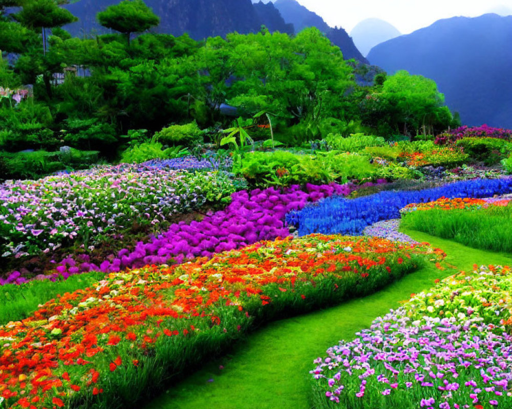 Multicolored Flower Beds in Vibrant Garden with Misty Mountain Backdrop