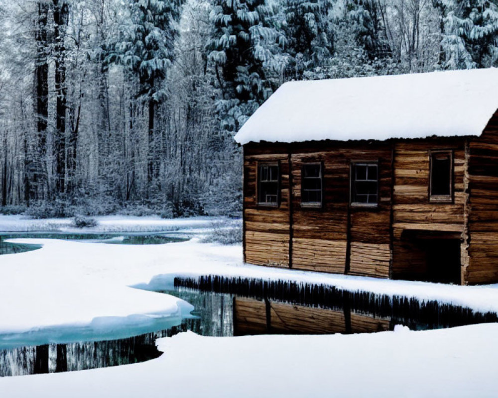 Snowy cabin by frozen lake with reflection of trees.