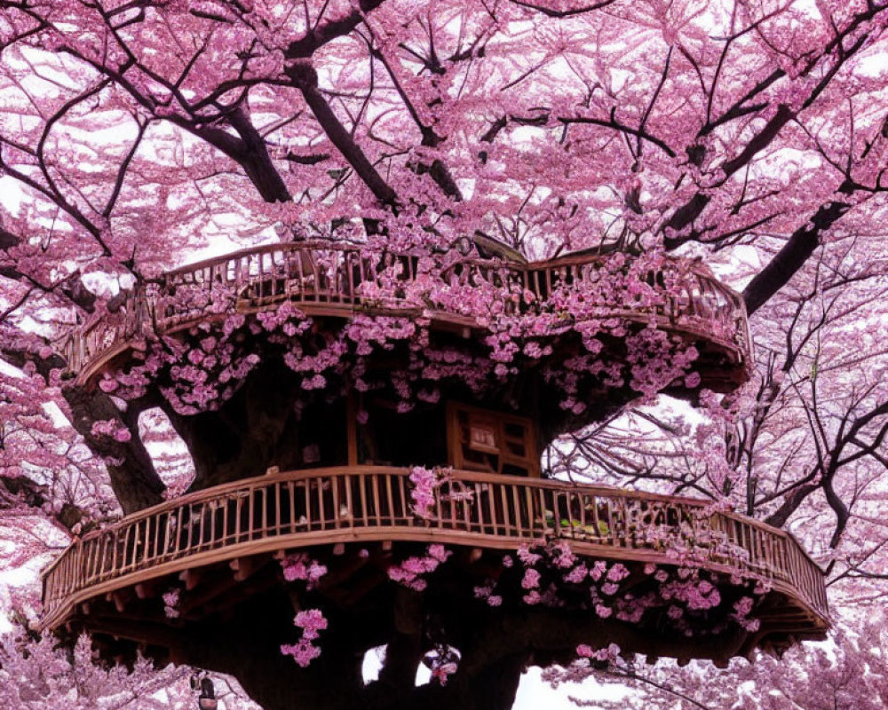 Wooden treehouse in vibrant pink cherry blossoms on purple background