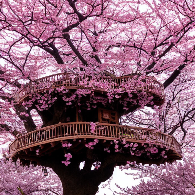 Wooden treehouse in vibrant pink cherry blossoms on purple background