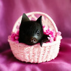 Adorable black bunny in wicker basket with pink flowers on soft purple backdrop