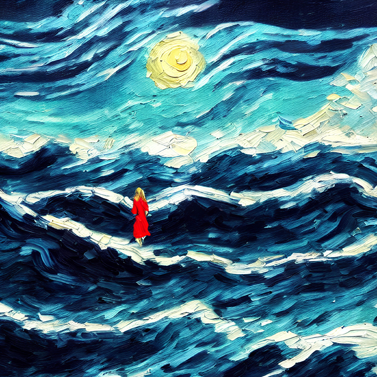 Person in Red Cloak on Cliff Overlooking Turbulent Blue Waves