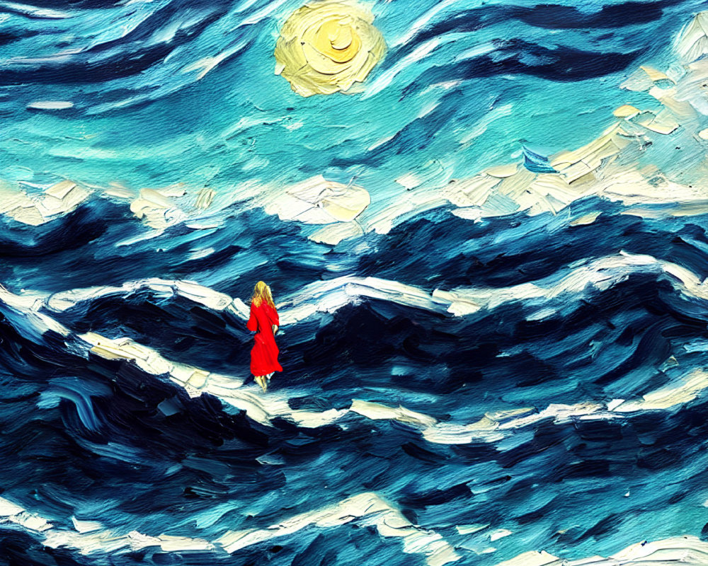 Person in Red Cloak on Cliff Overlooking Turbulent Blue Waves