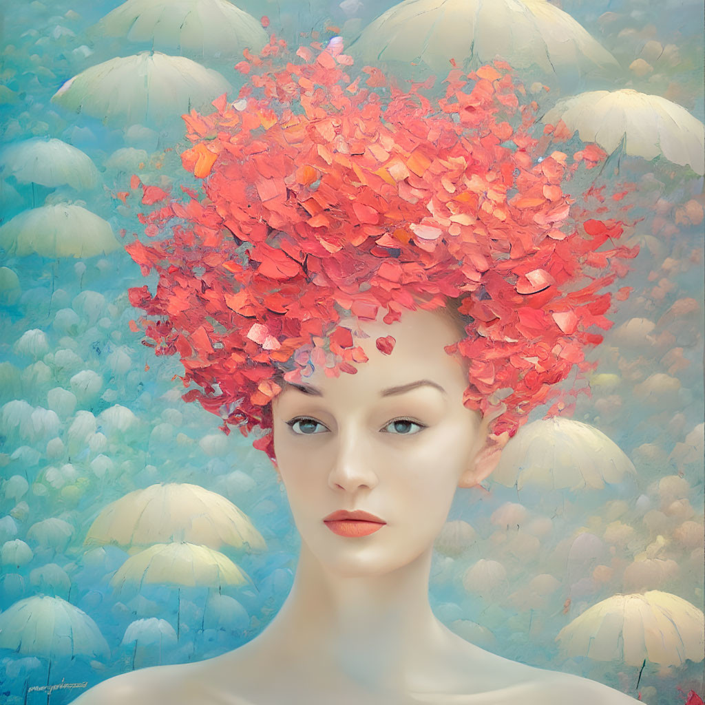 Surreal portrait: person with red leafy headpiece in blue backdrop