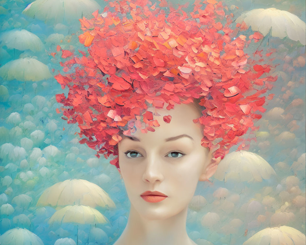 Surreal portrait: person with red leafy headpiece in blue backdrop