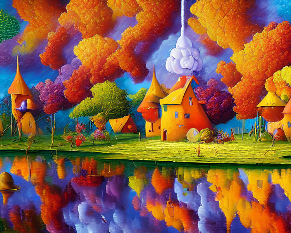 Colorful trees, orange-roofed houses, serene lake, and hot air balloon cloud in fantasy