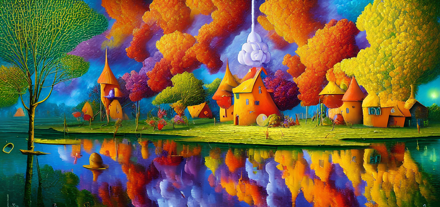 Colorful trees, orange-roofed houses, serene lake, and hot air balloon cloud in fantasy