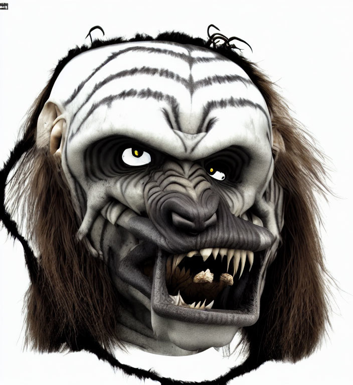 Skull-faced creature with yellow eyes and fangs on white background