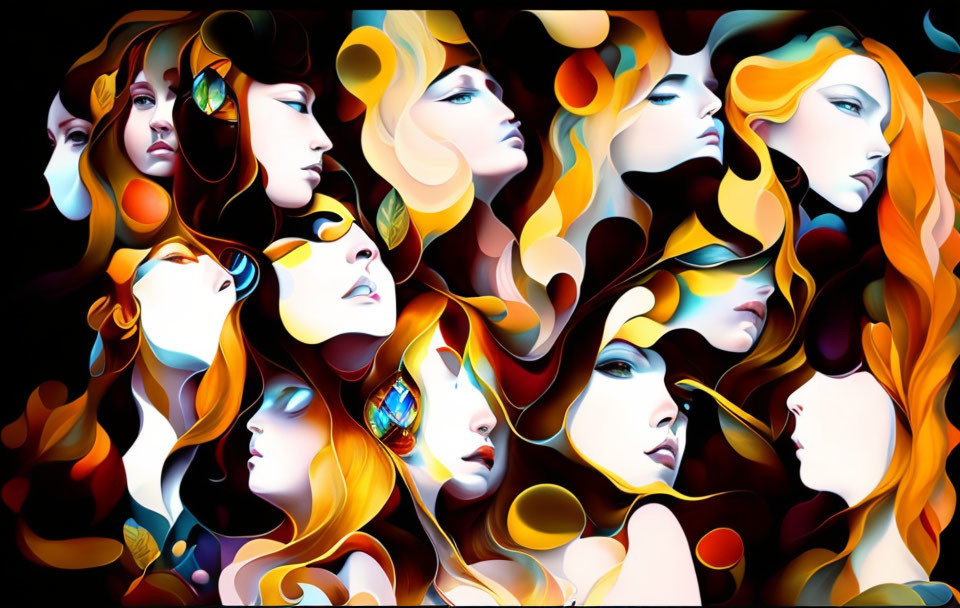 Colorful Abstract Digital Art: Stylized Female Faces Collage