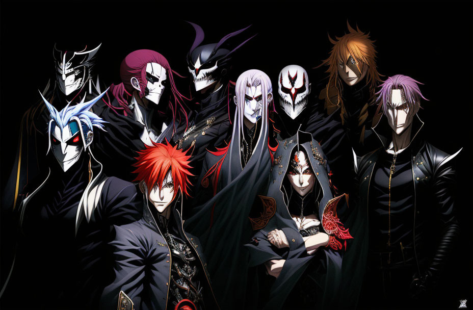 Nine Stylized Characters with Varied Hair Colors and Detailed Costumes on Black Background