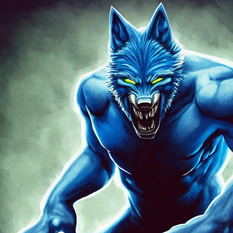 Menacing blue werewolf with glowing eyes in aggressive stance