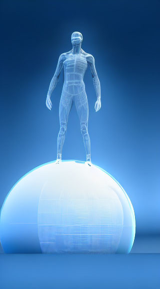 Transparent Blue Human Figure on Glowing Sphere with Grid Pattern