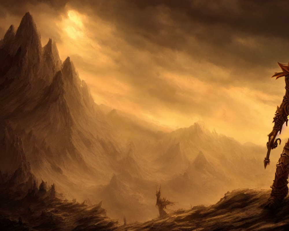 Fantastical landscape with shadowy mountains and cloaked figure