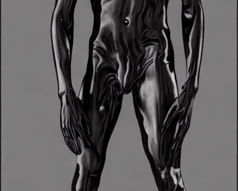 Digital art: Muscular humanoid with metallic skin on grey background