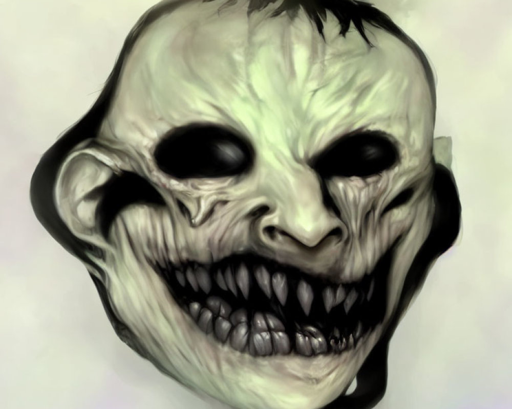 Sinister ghostly skull with eerie grin and sharp teeth in misty background