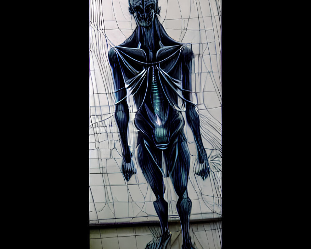 Detailed Human Body Musculature and Skeleton in Blue Tones on Tiled Wall