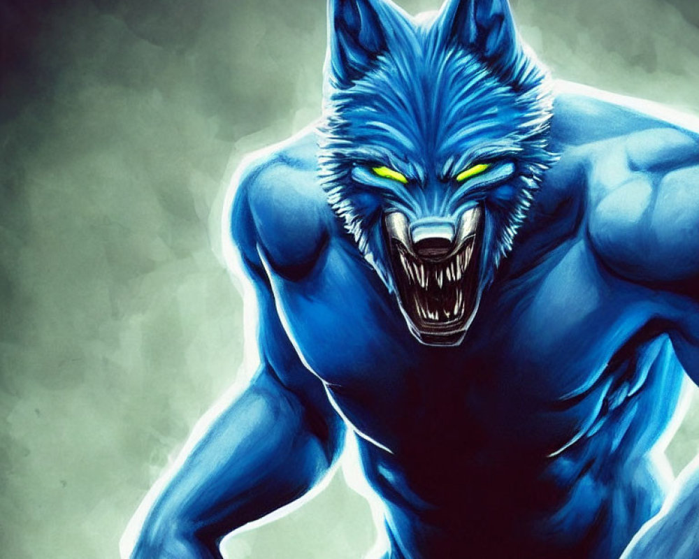 Menacing blue werewolf with glowing eyes in aggressive stance