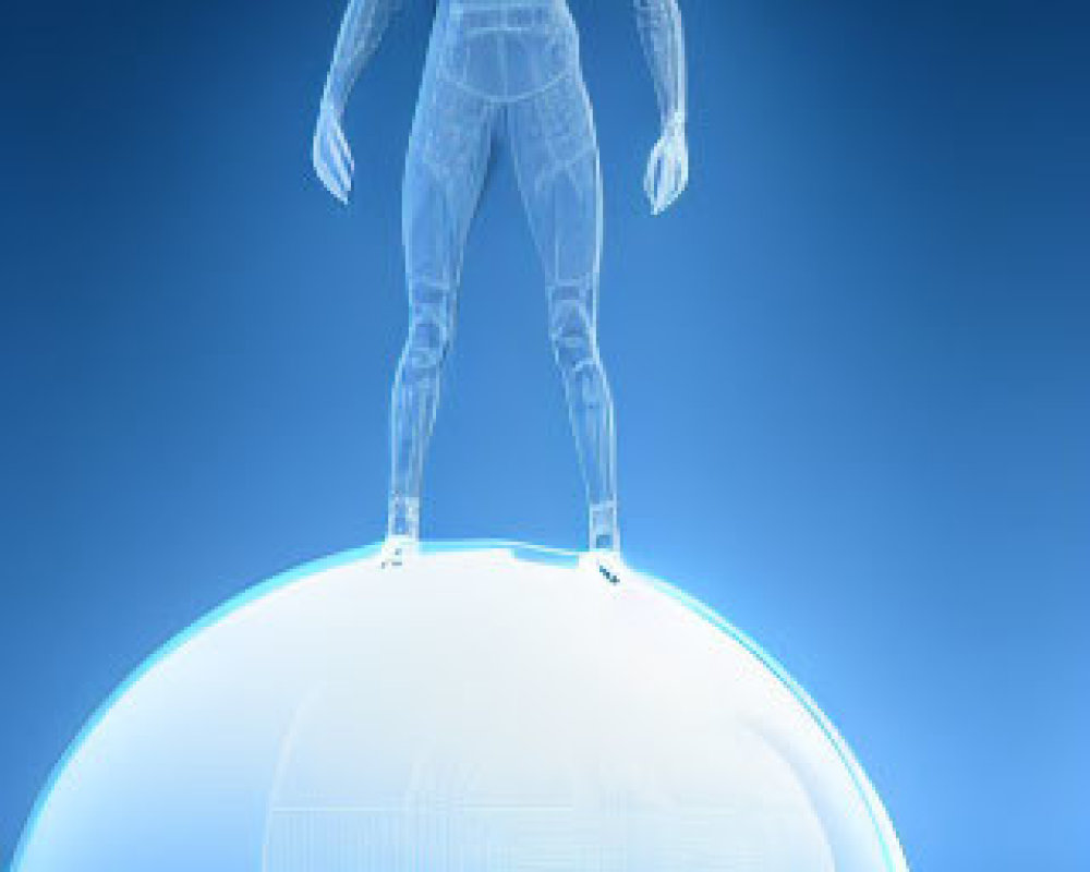 Transparent Blue Human Figure on Glowing Sphere with Grid Pattern