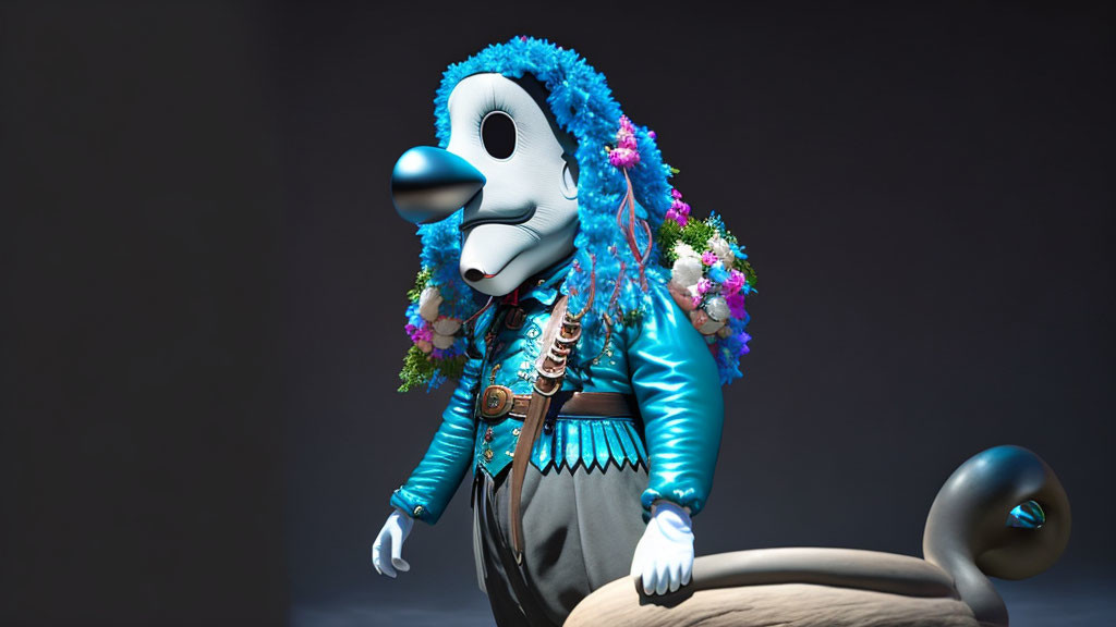 Dolphin-headed character in blue outfit on wooden platform