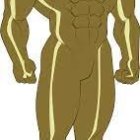 Golden statue of confident, muscular male figure with defined musculature