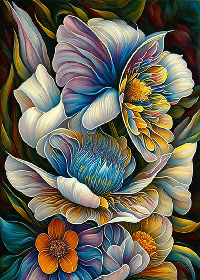 Colorful painting of swirling blue, white, and yellow flowers on dark background