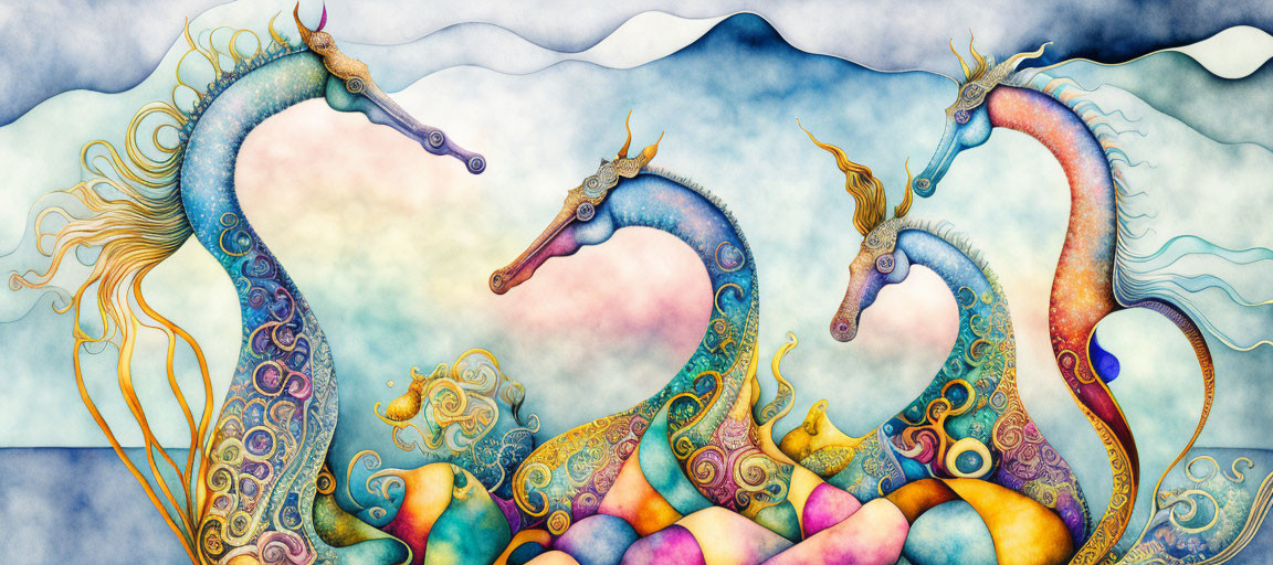 Colorful illustration of three seahorses in a whimsical underwater scene