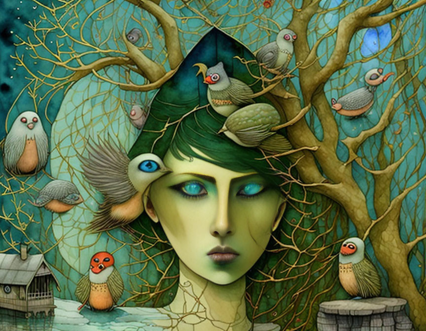 Surreal illustration of green-faced woman blending into tree with birds in wintry landscape