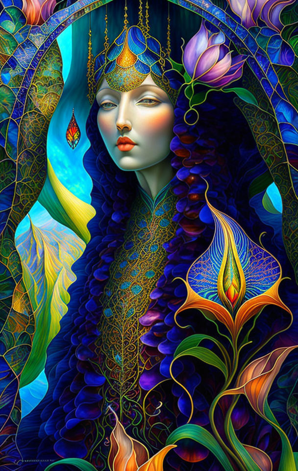 Colorful digital artwork of woman in blue and gold attire with floral designs