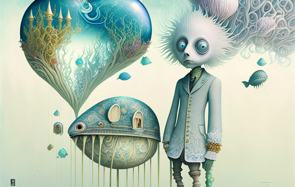 Whimsical illustration of wide-eyed character with spiky hair beside surreal balloon-like structures