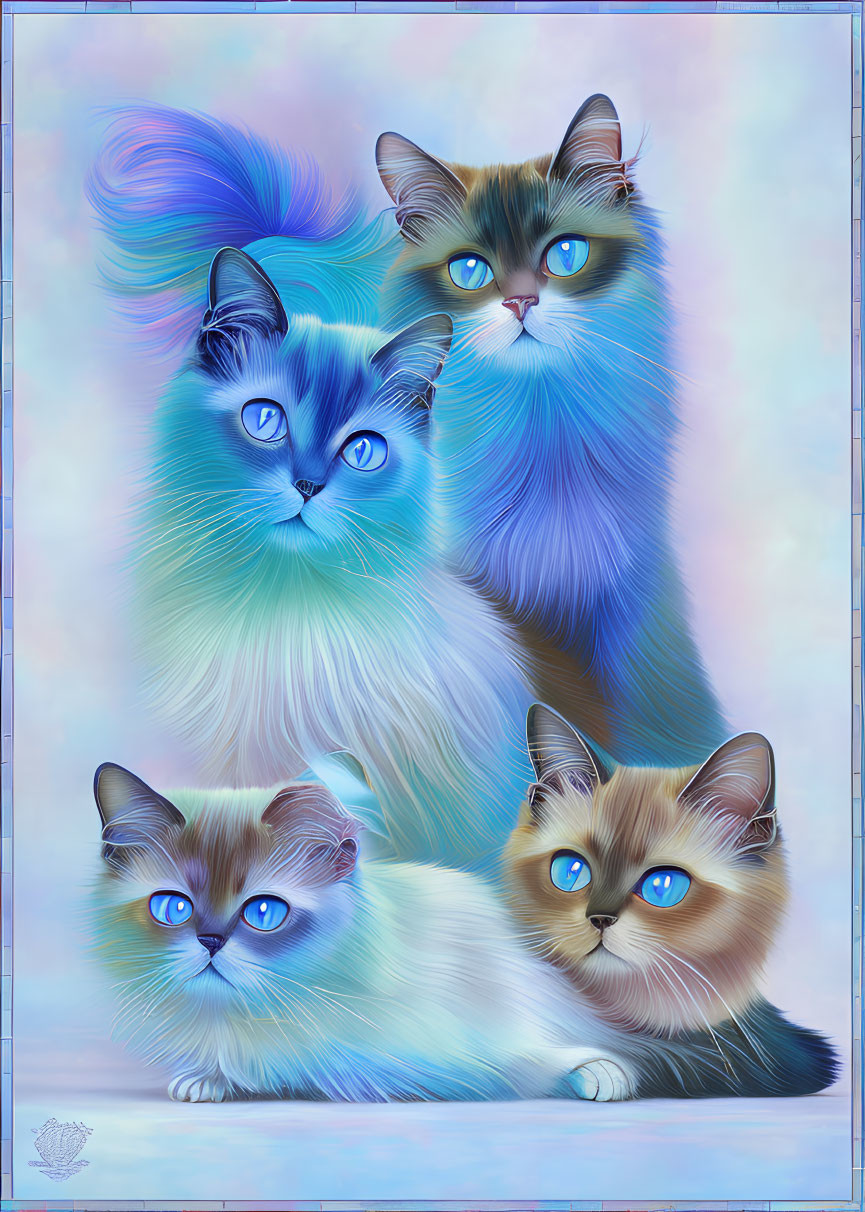 Three colorful cats with blue eyes and whimsical fur patterns on pastel background