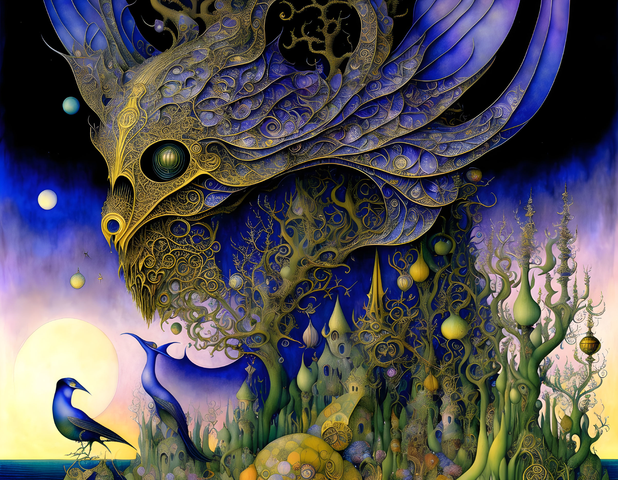 Fantastical artwork: Ornate tree, bird, celestial bodies on gradient.