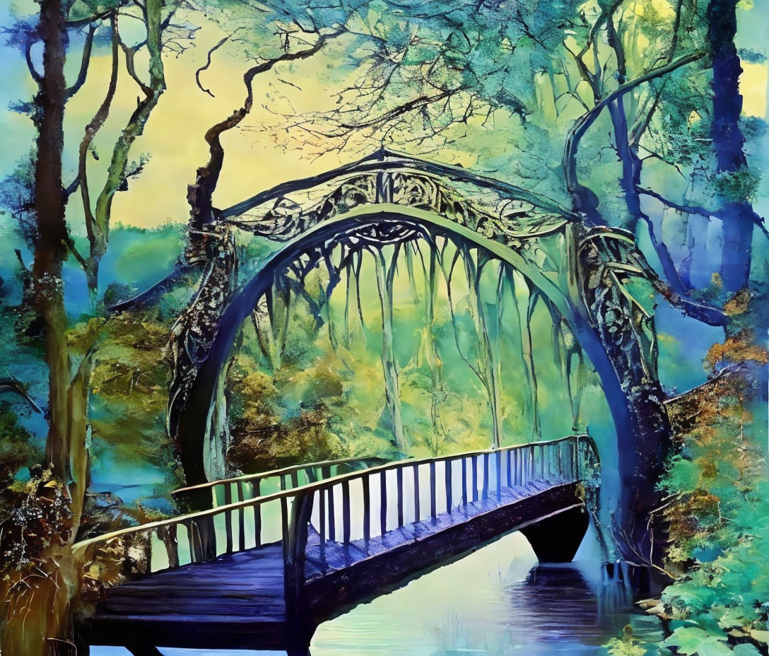 Whimsical bridge in lush forest with vivid colors