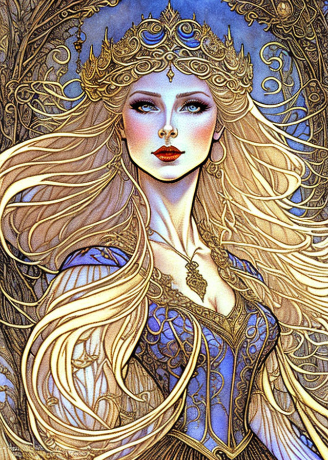 Illustrated woman with blonde hair, golden crown, blue eyes, ornate blue dress