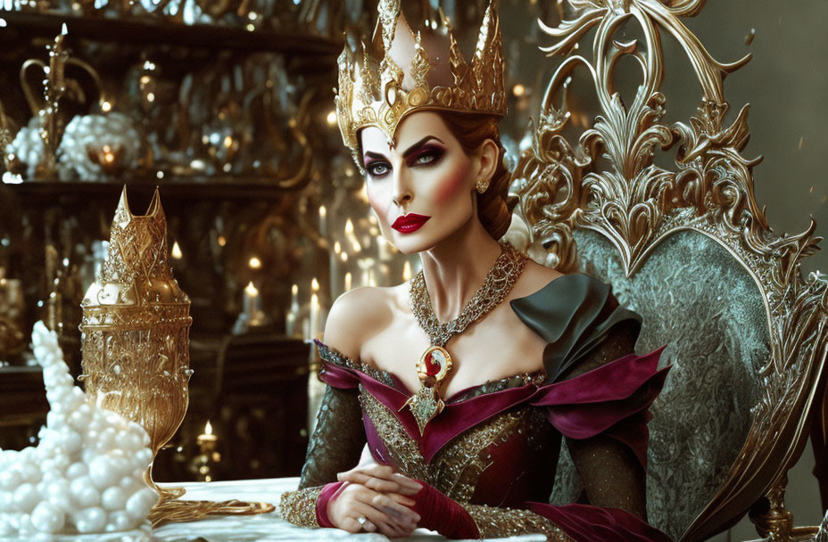 Regal woman in ornate crown and royal garb at elegant table