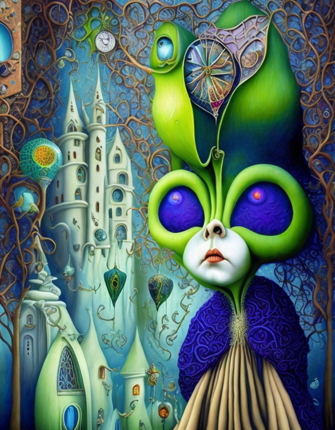 Vibrant surreal illustration of castle and fantastical figure