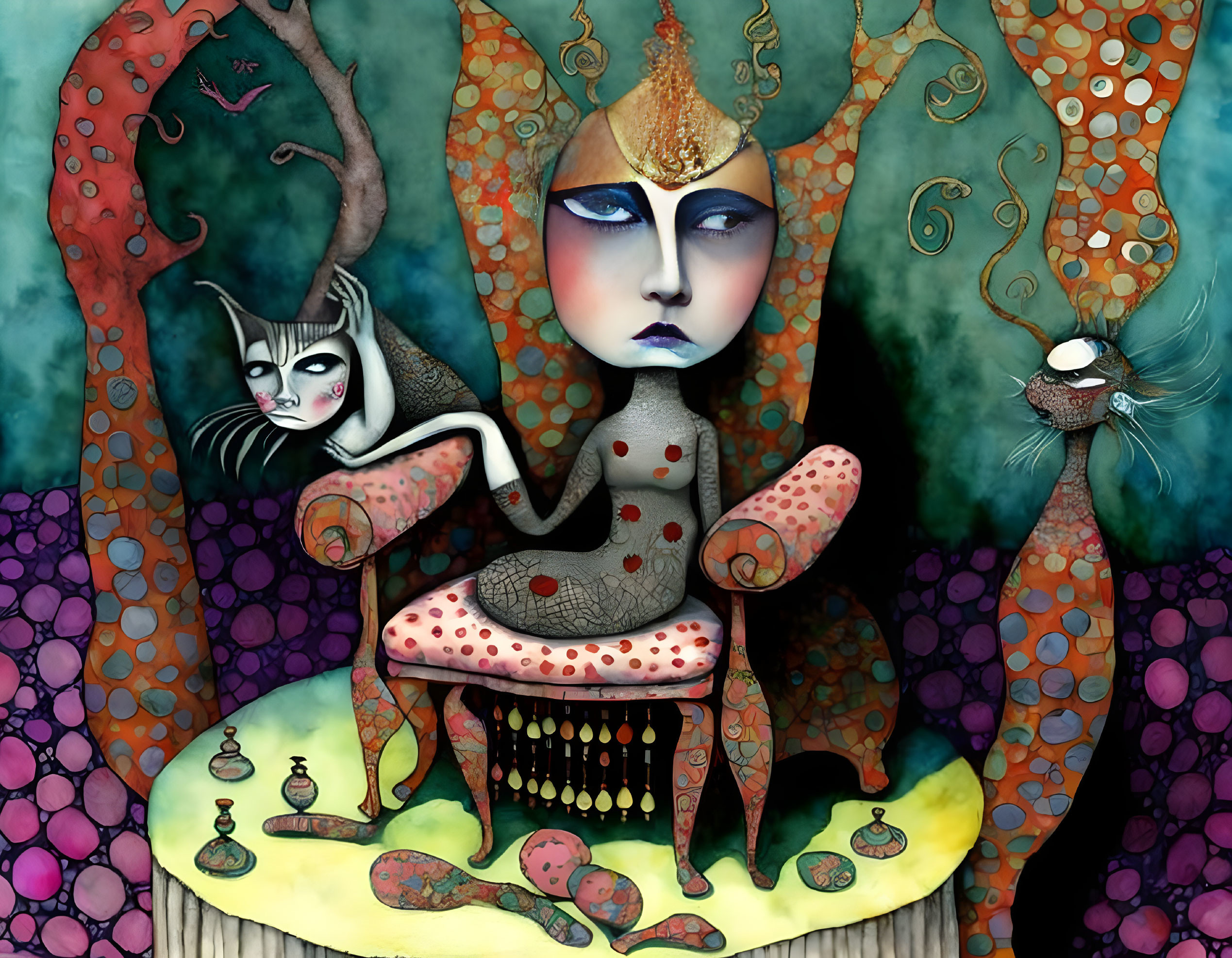 Whimsical blue-faced female figure with gold headwear, cat-like creature, and abstract trees on