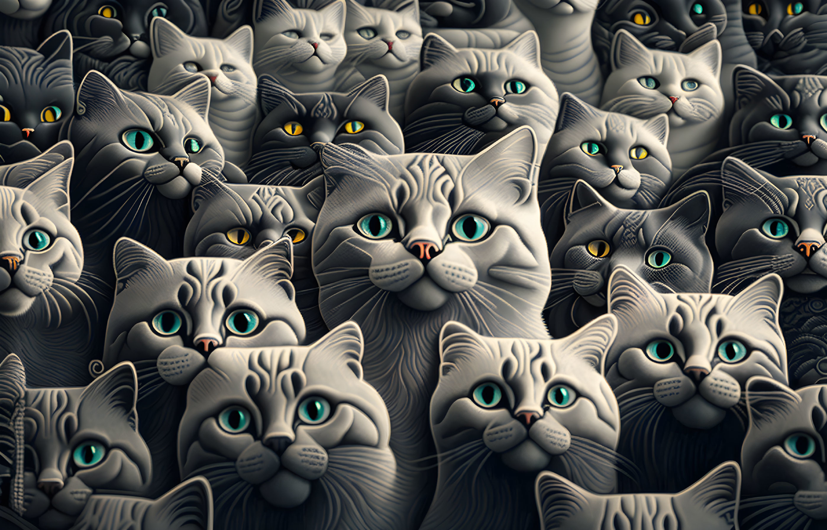 Detailed Grey Cartoon Cats with Yellow and Green Eyes