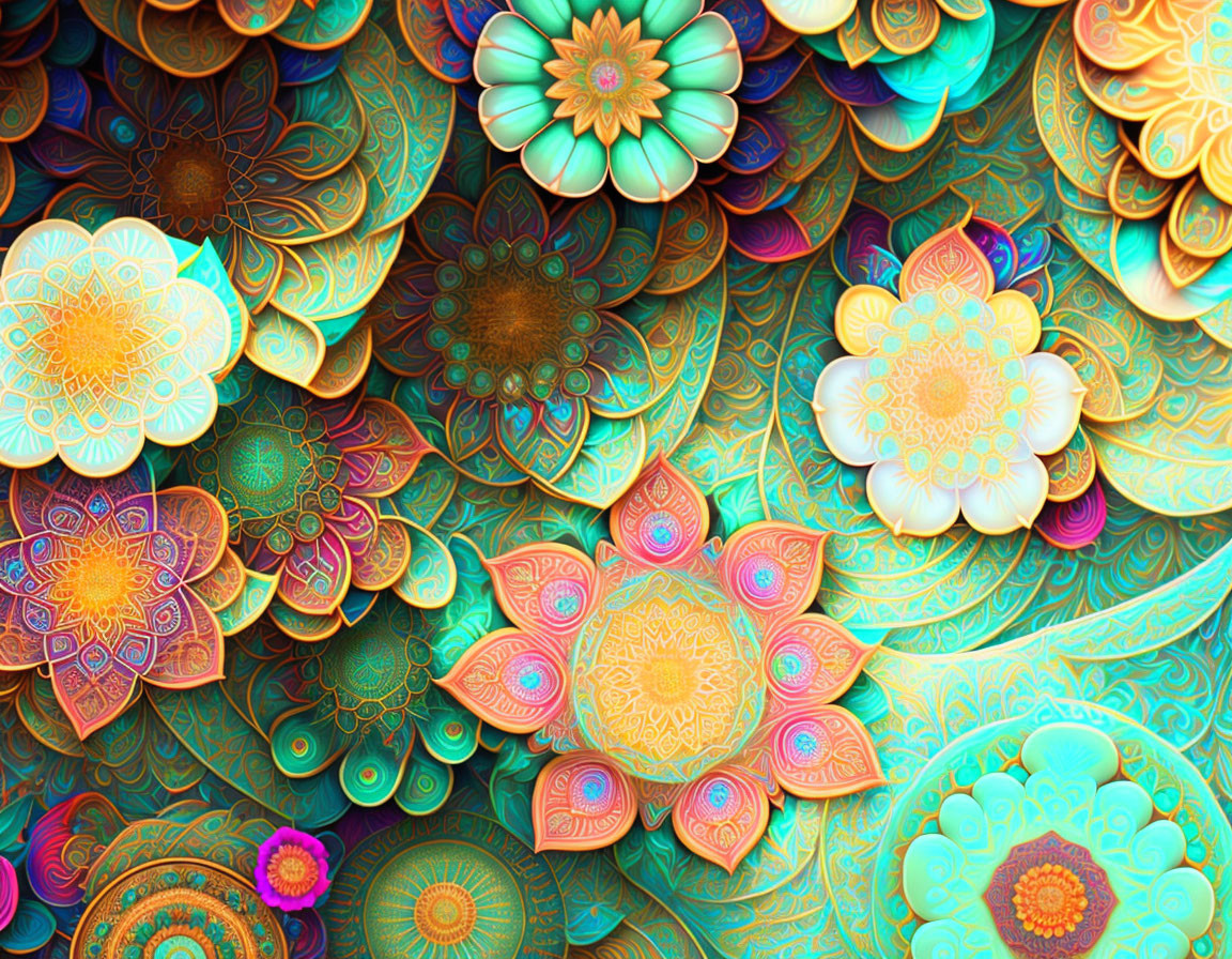 Colorful Fractal Patterns & Mandala Designs in Teal, Gold, and Pink