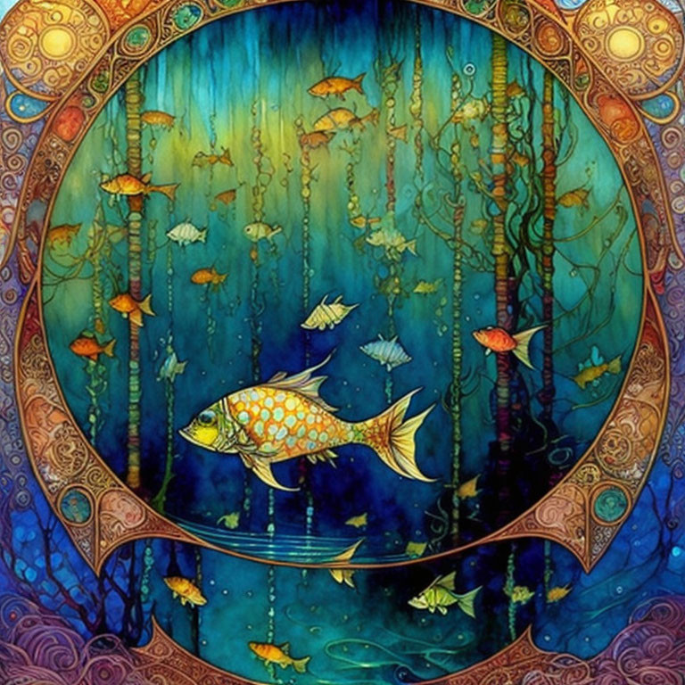 Colorful fish and sea flora in ornate circular frame underwater