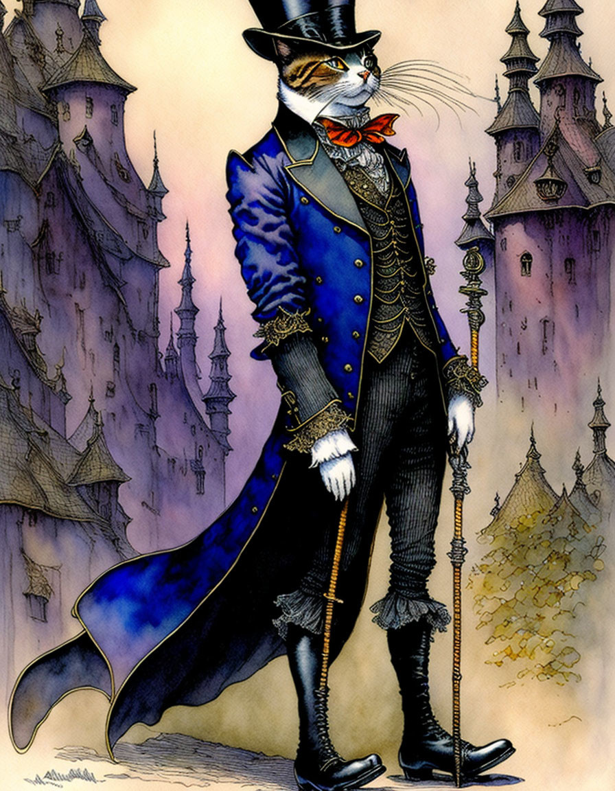 Anthropomorphic cat in 19th-century attire with top hat and cane in fantasy castle setting