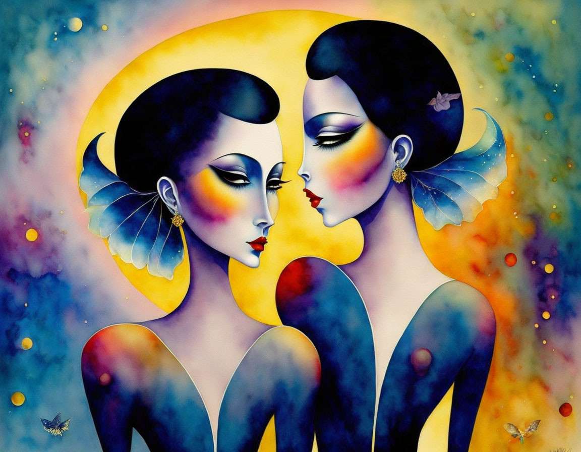 Stylized female figures with vibrant makeup in elegant postures against colorful background.