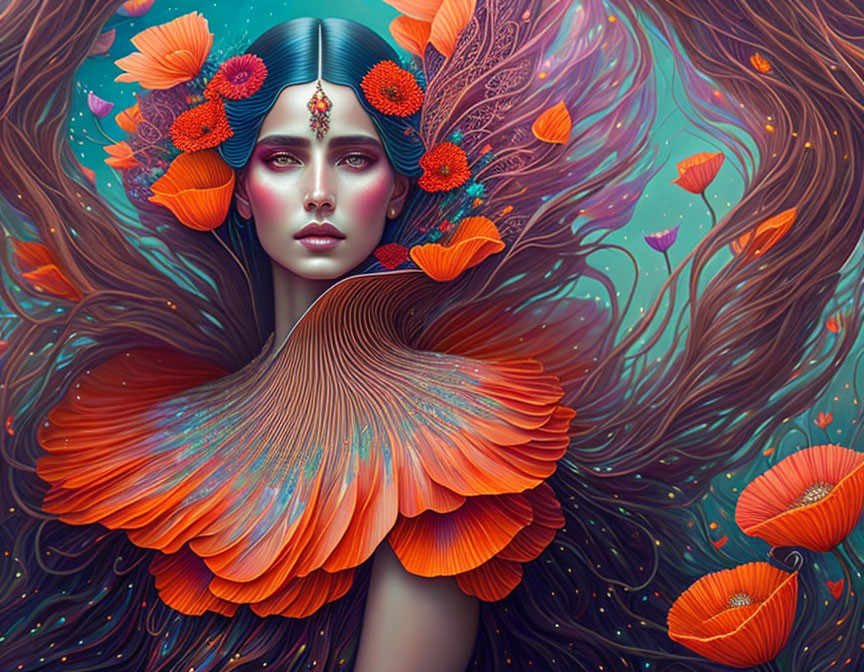 Colorful Artwork of Woman with Decorative Headpiece and Orange Flora