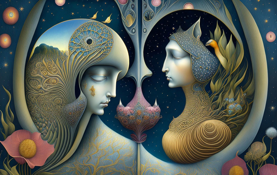 Surrealist painting of two profile faces with intricate patterns and celestial motifs