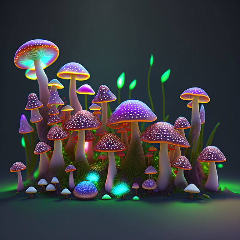 Bioluminescent Mushroom Cluster Illuminating Dark Environment