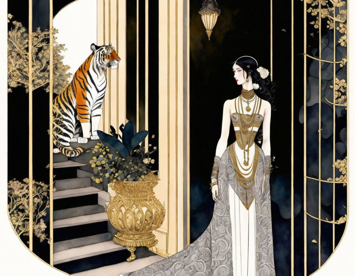 Stylized illustration of woman in gown with tiger on stairs