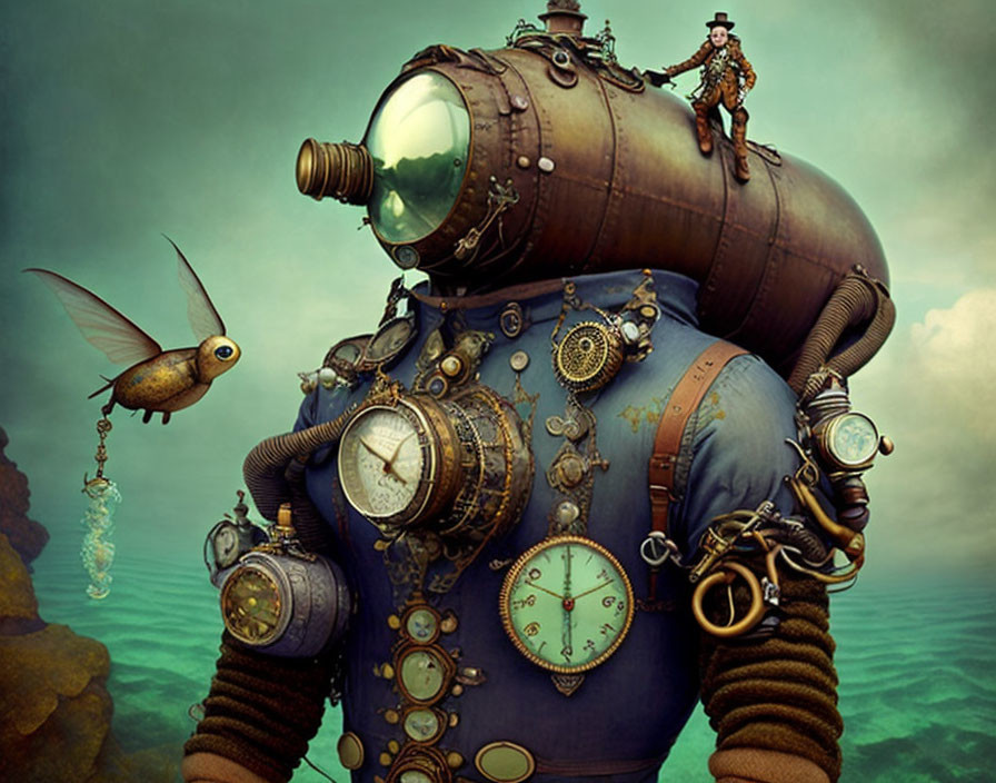 Steampunk-style artwork: Mechanical diver with human rider and fish-shaped submarine