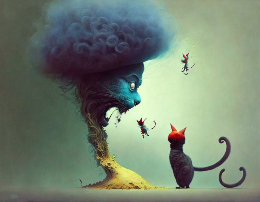 Surreal illustration: Large blue cat with cloud head meets small black cat in red hat