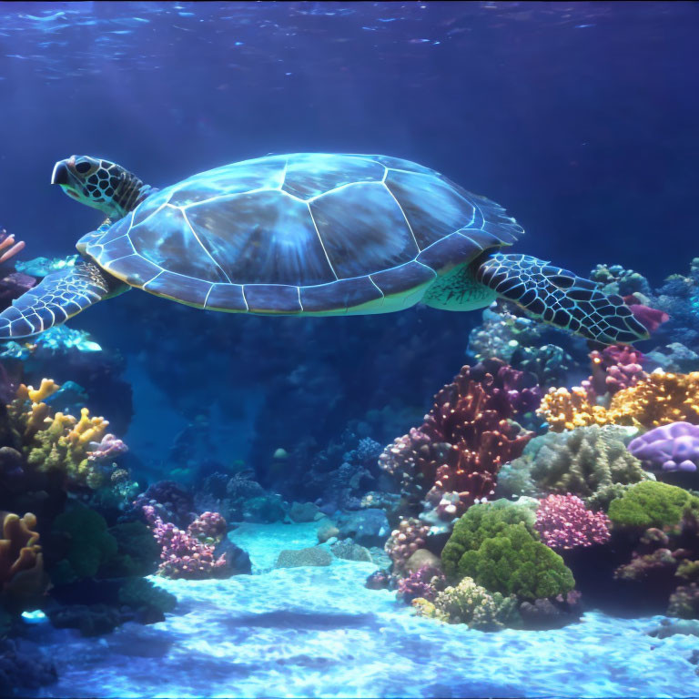 Sea Turtle Swimming Above Vibrant Coral Reef