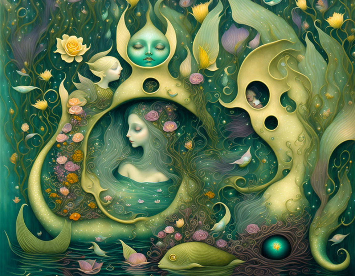 Surreal green-toned illustration with ethereal female figures, floral motifs, and whimsical cat