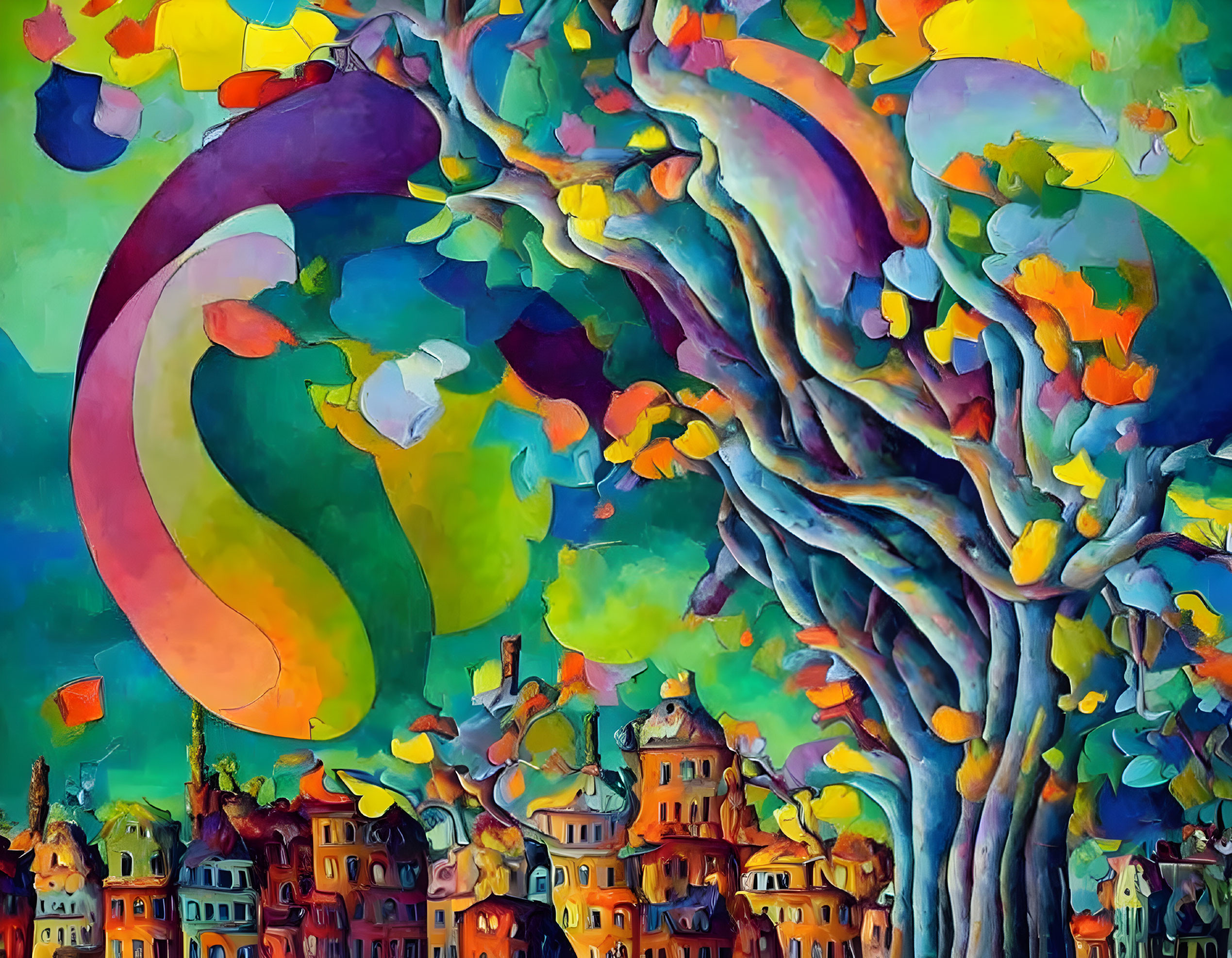 Colorful Tree Painting Over Lively Townscape